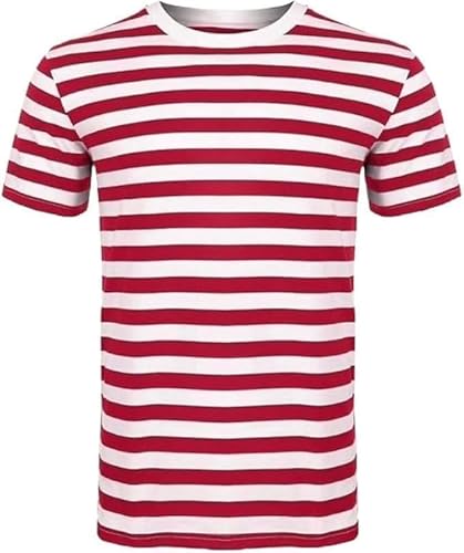 Labela® Unisex Stripe Tshirt Round Neck Kids and Adult Short Sleeve Casual Crew Neck Summer Holidays Travel and Everyday Wear Top (S-Red & White)