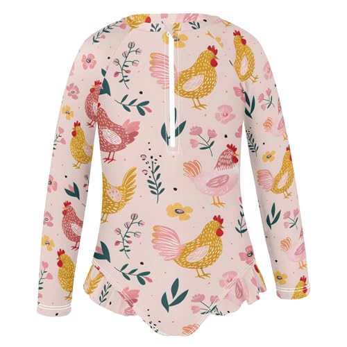 ALAZA Toddler Swimsuit Girl Bathing Suit Swimwear Rash Guard Chickens Pink Long Sleeve 3T2