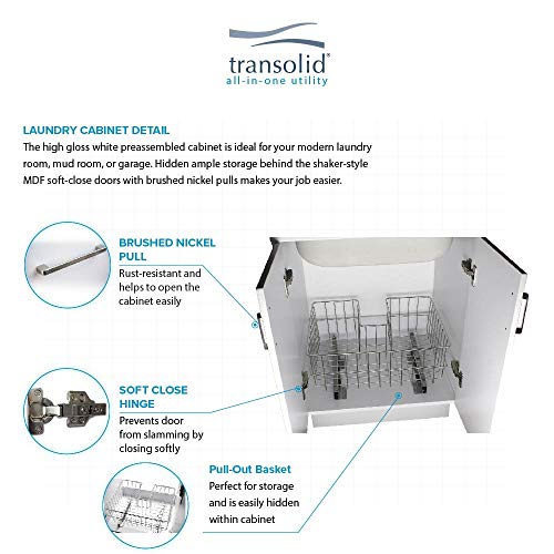 Image of Transolid TCB-2420-WCW 24-in All-in-One Laundry Cabinet with Sink, Stainless Steel High Arc Faucet and Basket in White