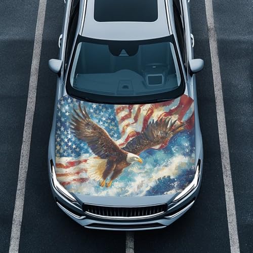 Image of Eagle American Flag Painting Pattern Car Hood Cover Elastic Fabrics Car Bonnet Banner, 59.05 inchx39.37 inch, Premium Sublimation Print Automotive Hood Covers with Strape Reinforcement