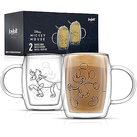 JoyJolt Aroma Disney Mickey and Pluto 13.5oz Glass Cups Set. 2 Insulated Double Wall Coffee Cups, Cup Unique Mugs, Large Espresso Cups. Transparent (JDS10728) Cover