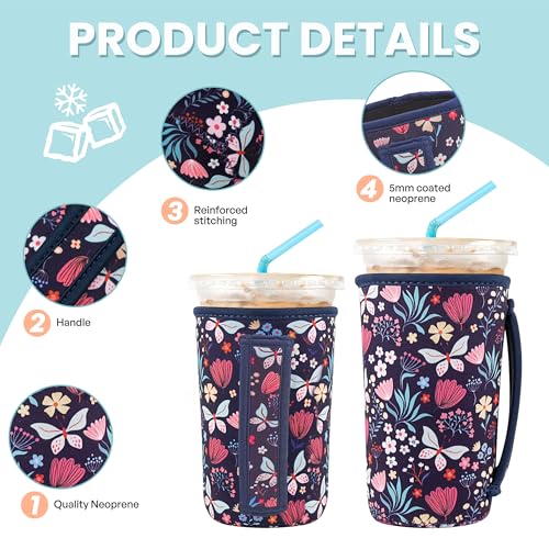 Image of KJQJLY 3 Reusable Iced Coffee Sleeves for Iced Coffee Cups or Drinks Reusable Neoprene Insulated Sleeves for Hot and Cold Drinks from Starbucks, Dunkin, And More (Butterfly Bush)
