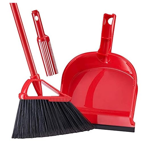 AOSERI Angle Broom with Dustpan, Red Dust pan Snaps On Broom Long Handles for Home, Office, Kitchen, Lobby Floor Use