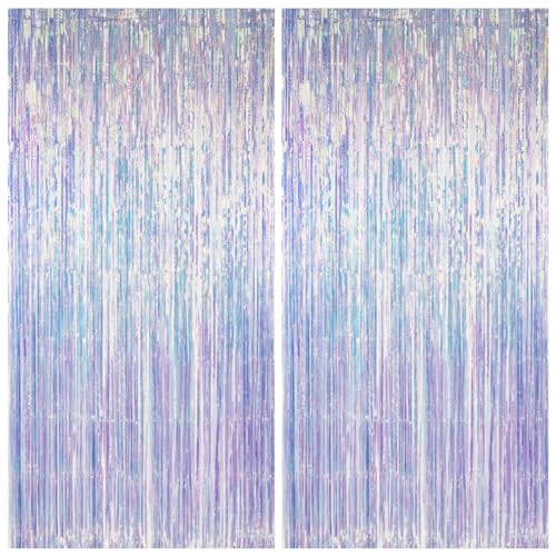 Image of Thicken Iridescent Party Streamers 2 Pack 3.3x6.6 FT, Holographic Foil Fringe Tinsel Backdrop Curtains for Birthday /Mermaid /Frozen /Bachelorette /Sea /Euphoria Party Decorations