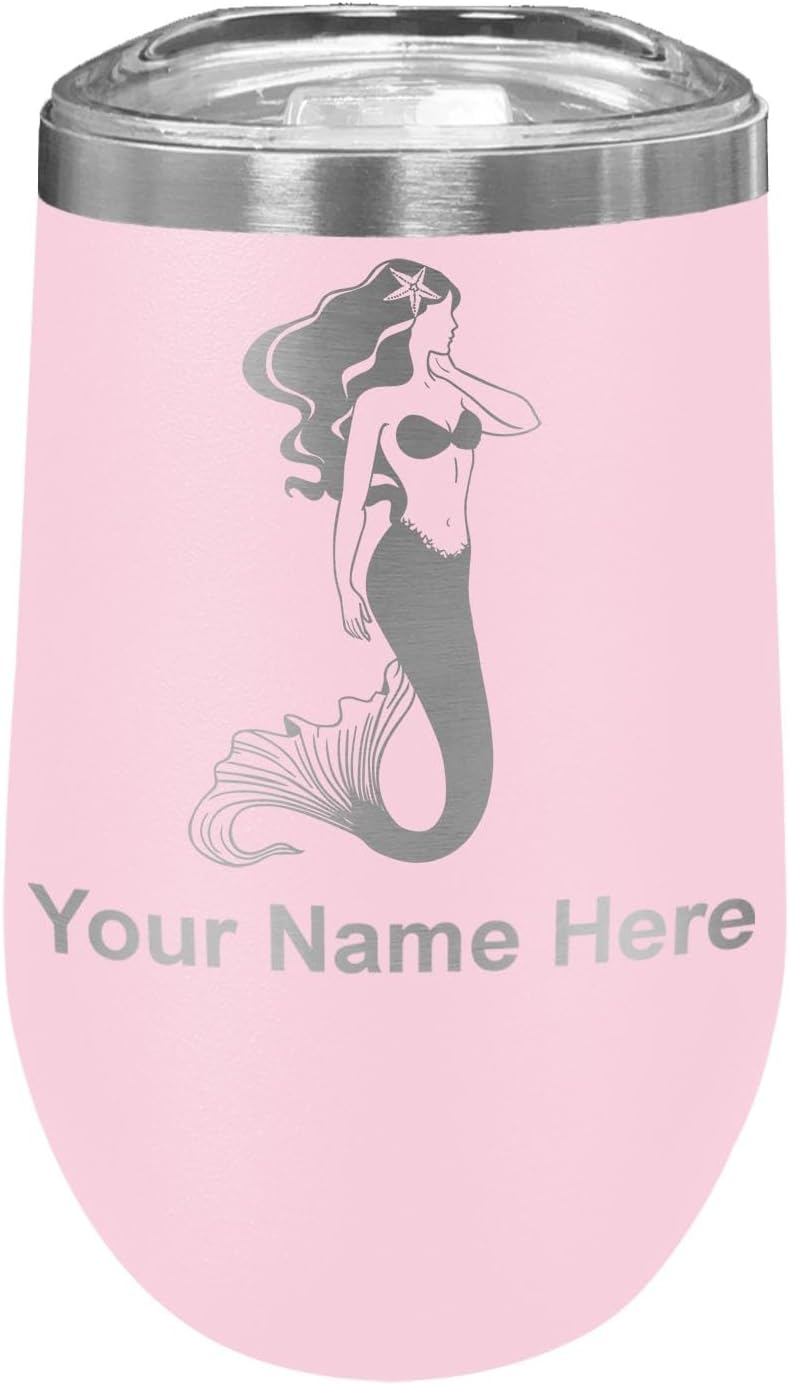 LaserGram 16oz Double Wall Stainless Steel Wine Glass Tumbler, Mermaid, Personalized Engraving Included (Dark Blue)