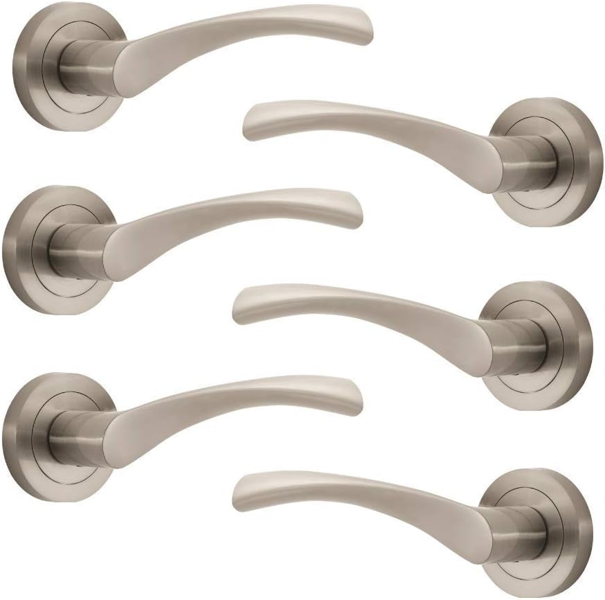 Marvel Lever on Rose Door Handle - Contemporary Design- Brushed Nickel - 3 Pairs - Fixings Included - Interior Use
