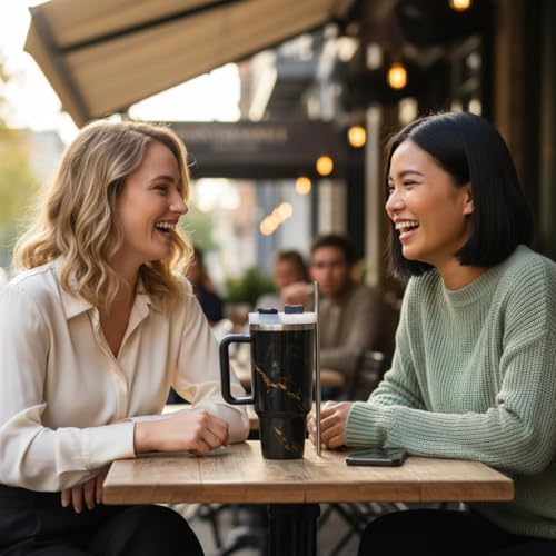 Image of Insulated Tumbler with Handle and Straw | BPA Free Reusable Travel Mug with Straw Mode Lid | Stain & Odour Resistant | Easy to Clean Drink Cup for Hot & Cold Beverages (Black)