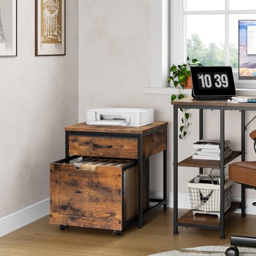 CHOEZON Mini Fridge Stand with Power Outlet, Large Side Table with 2AC and 2 USB Ports, Mobile Beverage Cart with Fabric Drawer for Dorm, Kitchen, Living Room, Rustic Brown and Black TBZ56UBF by CHOEZON - Used condition - Image 9