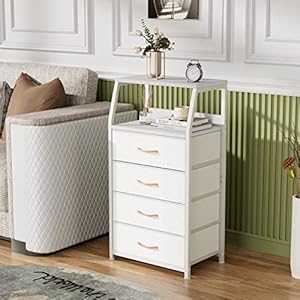 Furnulem tall 4 drawers dresser vertical storage tower for bedroom hallway entryway nursery closet organizer nightstand bedside table furniture sturdy steel frame wood top white  urban country home decor