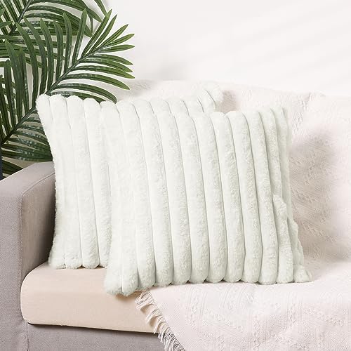 Uxcell 2 Pcs Double-Sided Plush Faux Fur Throw Pillow Covers Soft Fluffy Striped Pillow Covers for Home Decor Beige 45 x 45 cm - Image 2