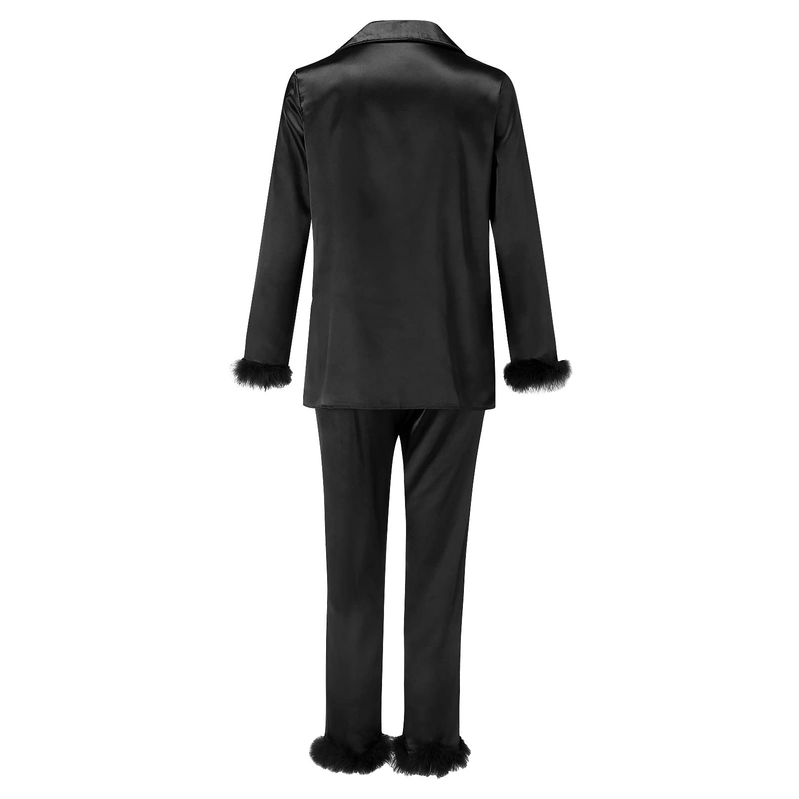 Pijama de algodón de color sólido para mujer, para invierno, otoño, casual, solapa, botones, satén con plumas, cómodo, atractivo, ropa de descanso, suave, cómodo, súper suave, conjunto de pijama de