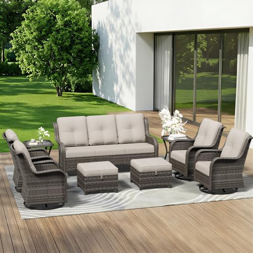 Image of 9 Piece Outdoor Wicker Patio Furniture Set, Outdoor Swivel Rocker Patio Chairs Set with Thickened Olefin Cushions, High Back and Deep Seating, Hand-Woven PE Rattan for Porch, Deck