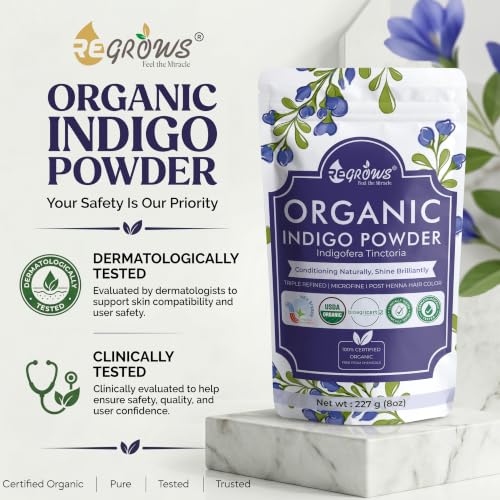 Image of ReGrows 100% Certified ORGANIC INDIGO powder | Dermatologically and Clinically Lab Tested Indigo Powder | USDA BIOAGRICERT Certified | Natural Black Hair Color After Henna | For Men and Women | No Ammonia No PPD | Includes Application Kit| Indigofera Tinctoria (227gm)