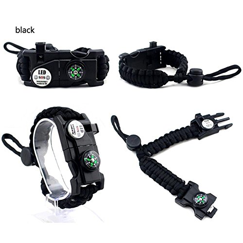 Pulseira de paraquedista trançada Alloet com bússola apito SOS luz LED, Preto, 235.00*23.00*15.00mm