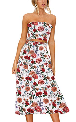 Image of Angashion Women's Floral Crop Top Maxi Skirts Set 2 Piece Outfit Dress