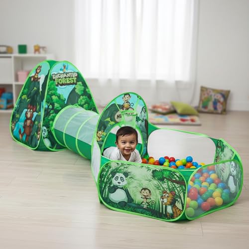 Amazon Brand - Jam & Honey Jungle Animals 3 in 1 Combo Tunnel for Kids | Tunnel, Play Tent House, Ball Pool for Kids 3 to 6 Years | Spacious, Lightwei