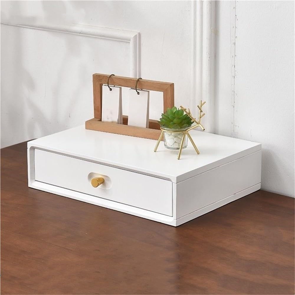 Scatola Portaoggetti da Scrivania in Legno Massello Naturale | Mobiletto Compatto con Maniglia in Metallo per Ufficio, Organizer per Trucchi, Studio, Toeletta E Piano di Lavoro. White X-Small