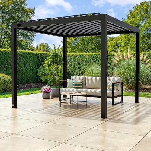 Image of Backyard Discovery Sarasota 10' x 10' Galvanized Steel Louvered Pergola Kit with Adjustable Roof, Shade, Rain Protection, High-Wind Rating, Gutter System for Outdoor Patio, Garden, Deck, Entertaining