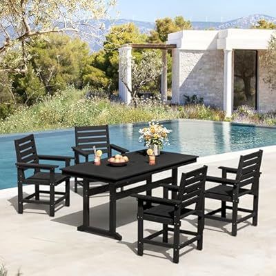 Homenjoy 5 Piece Patio Dining Set, 66" Rectangle HDPE Weather Resistant Outdoor Table & 4 Patio Chairs Set with 1.96" Umbrella Hole, Heavy Duty Chairs for Backyard Balcony Deck, Black