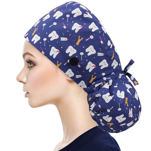 Image of QBA Adjustable Working Cap with Button, Satin-Lined Hat, Cotton Working Hat Sweatband, Elastic Tie Back Hats Unisex