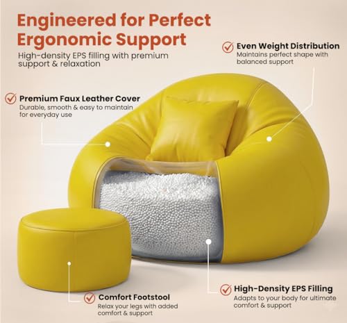Image of Sattva Classic 4XL Bean Bag Chair with Beans Filled | Sofa Style Faux Leather Bin Bags for Adults | Pre-Filled Large Beans Bag with Footstool & Cushion Combo for Home & Office - Yellow