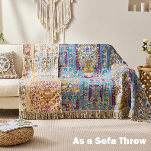 Image of VANJOROY Boho Throw Blanket, 100% Organic Cotton Breathable Skin-Friendly Ultra Soft 60 inch x 80 inch Bed Quilt Throw - Floral Rustic Luxury Reversible Blanket for Sofa Couch Chair and Gift,