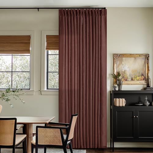 Image of Maroon Pinch Pleated Linen Curtains 108 Inches Long for Living Room 2 Panels Set Flax Double Pleated Drapes Back Tab Farmhouse Ceiling Floor 108 Inch Window Curtains Bedroom Chestnut Reddish Brown