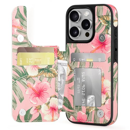 Arae for iPhone 16 Pro Case Wallet with Card Holder - Floral Flower Pattern Case with PU Leather Card Pockets Back Flip Cover for iPhone 16 Pro - Pattern 09
