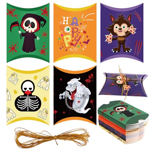 30uds Cajas Almohada de Halloween, Cajas Almohadas Pequeñas para Regalos Caja Dulces Caja Regalos Fiesta Cajas de Regalos Cajas Papel Regalo para Suministros de Regalos de Fiesta de Halloween