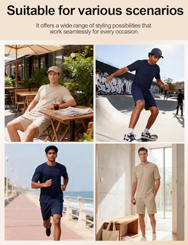Image of Venzina Men's Waffle-Knit T-Shirt & Shorts Set Breathable Stretchable Lounge Wear Loose Fit Night Suit for Home, Travel