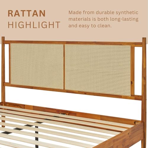 Image of Bme Oliver King Bed Frame and Headboard - 15-Inch Signature Design with Rattan Headboard, Bohemian and Mid Century Style, 12-Slat Wood Support, No Box Spring Needed - Easy Assembly, Caramel