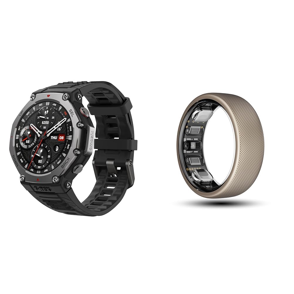 Bundle of Amazfit T-Rex 3 Rugged Military Smart Watch Black + Amazfit Helio Smart Ring, Wearable Fitness Tracker (Size 12)