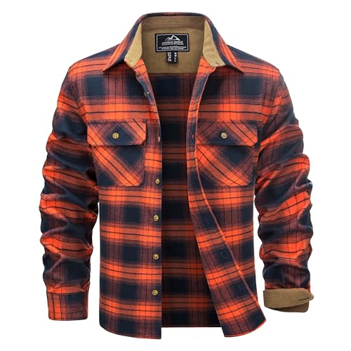 TACVASEN Flannel Shirt for Men Long Sleeve Plaid Shirt Corduroy Cuff Collar Casual Lightweight Cotton Button Down Shirts