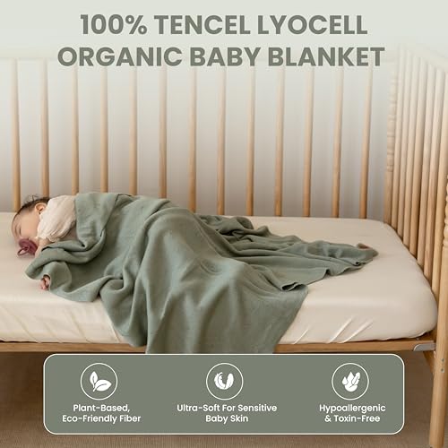 Image of Pointelle Double Layer 100% Tencel Baby Blanket - Breathable Temperature Regulating - Oeko-TEX Certified - 30x40 inch - Gift Box with Ribbon (Green)