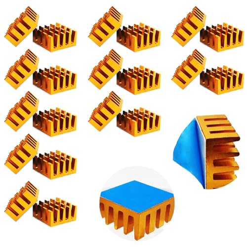 Disipadores, CTRICALVER 20 Pcs Disipador Aluminio con pegamento térmico 14 x 14 x 7mm (L*W*H), para enfriar impresora 3D (dorado)