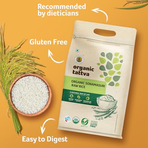 Image of Organic Tattva Sona Masoori Rice 5kg Pack | Organic Raw Rice | Naturally Gluten Free | Unpolished Single Polished Sonamasoori, Pesticide & Chemical Free | 5kg Bag