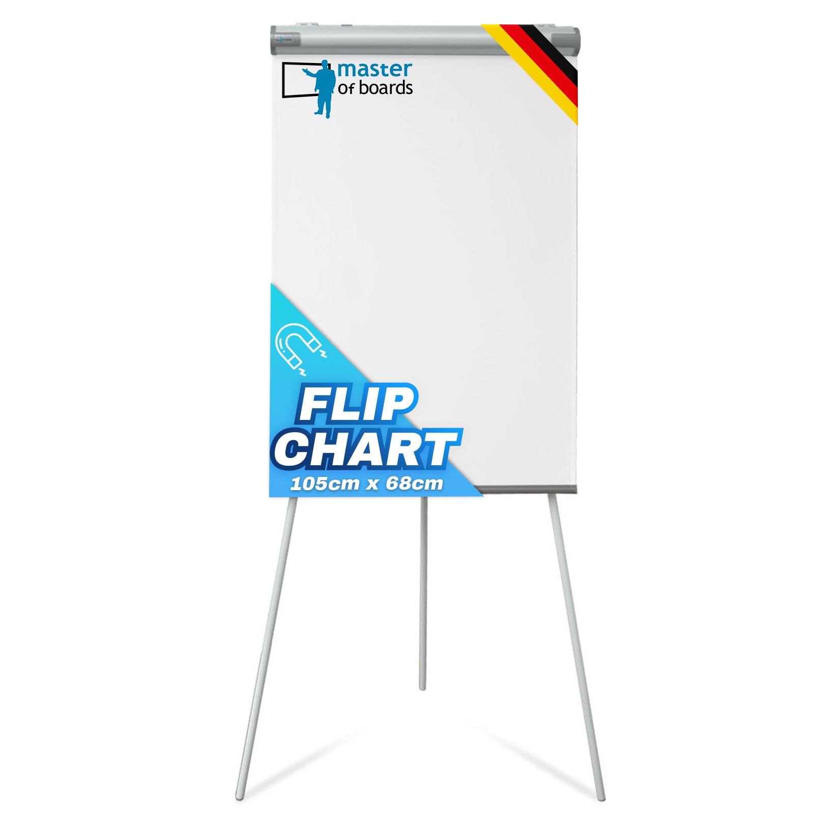 Master of Boards Flipchart | Wahlweise mit Dreibein Ständer oder Rollenfuß | beschreibbar, abwischbar, magnetisch | variable Papierhalterung, für Blöcke verschiedener Größe