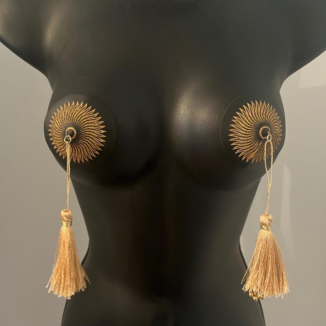 appeeling Tassel Pasties - Sun Goddess Gold Reusable Pasties for Lingerie, Burlesque Costumes, Rave Outfits, Carnival - 2Pcs Glitter Pasty Covers with Removable Beaded Tassel, 2.75 “ x 7"