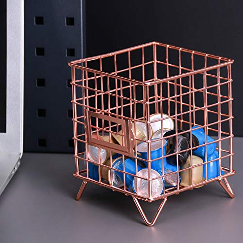 Simmer Stone Coffee Pod Holder, Wire Coffee Pod Storage Basket, Utility Pod Holder Organizer for Kitchen, Pantry, Office and Cafe, Size 5.3” x 6.3”, Rose Gold