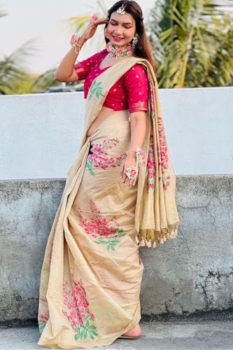 Image of SGF11 Women's Kanjivaram Soft Cotton Linen Silk Saree With Blouse Piece