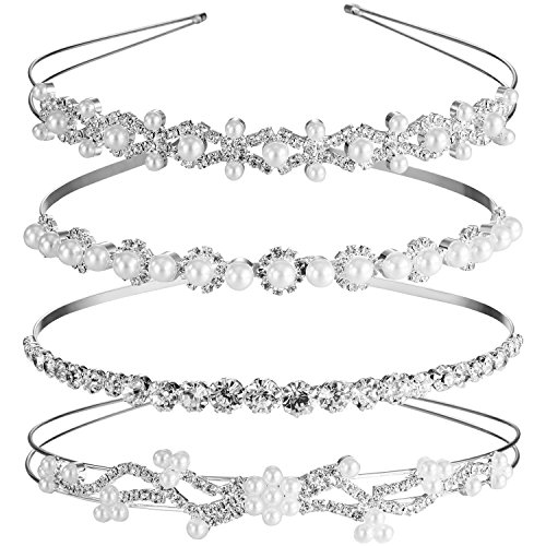TecUnite 4 Pieces Wedding Party Rhinestone Crystal Headband and Women Faux Pearl Rhinestones Crown Headband for Bride Bridesmaids
