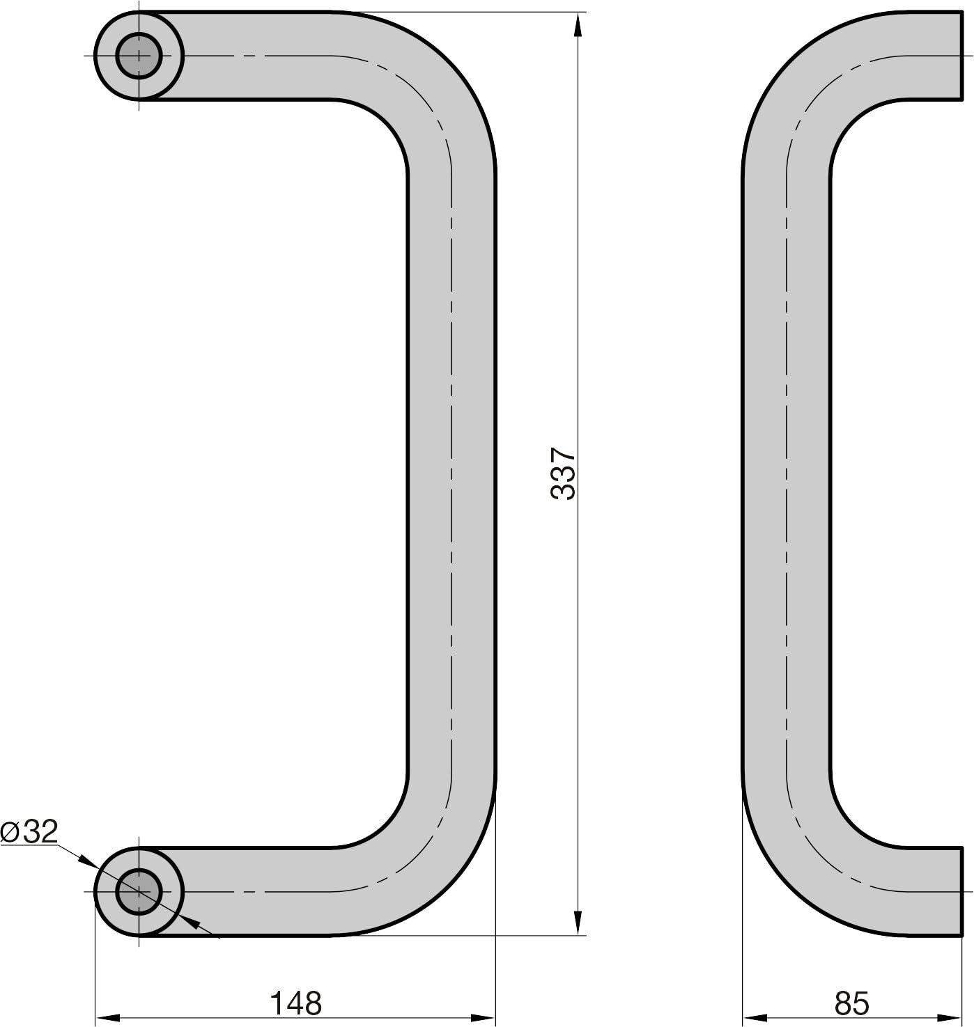 BASI Stoßgriff in U-Form gekröpft | Türbeschlag außen | Edelstahl | Haustürgriff mit Montageset | Achsmaß 300 mm