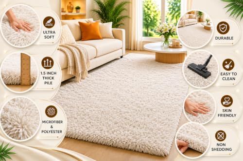 Image of Shaggy Carpet 5x7 Ft for Living Room & Bedroom (Ivory)