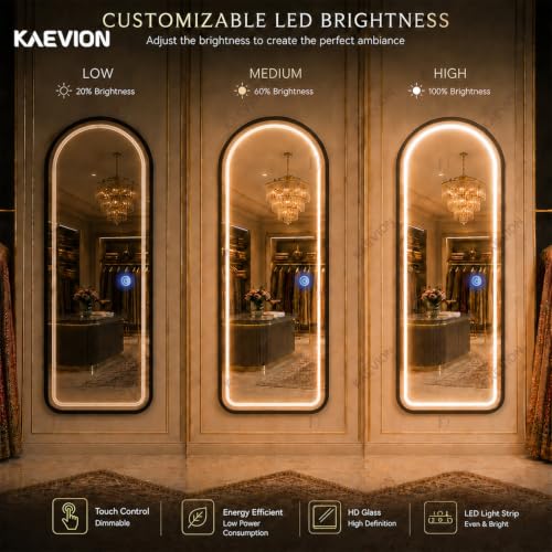 Image of 5x2 ft Black Arched LED Full-Length Mirror- 5mm HD Shatterproof Glass, 3-Color Dimmable Light Up Full Body Mirror, Vanity Floor Leaning Wall Mounted Mirror