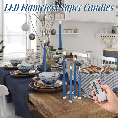 Image of Rossesay 16 Pcs Blue Flameless Taper Candles Battery Operated Candles with Remote Timer 8.5 inch 9.6 inch 10.8 inch 12.8 inch LED Flameless Flickering Candlestick for Halloween Christmas Wedding Party Decor