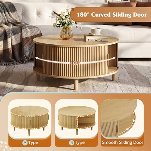 Image of WLIVE 31.5 inch Round Coffee Table with Storage, Natural Oak | with Sliding Cabinet Door, Mid Century Modern Fluted Center Table for Living Room, Small Space. 31.5 inch Dia. x 17.5 inchH