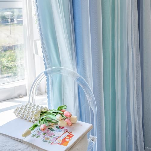 Image of XiDi Blakout Curtains with Sheer Overlay 84 Inches Long for Bedroom 2 Panels Double Layer Rainbow Curtains for Nursery Kid Room Thermal Insulated Room Darkening Grommet Drapes Blue Green Grey 52Wx84L