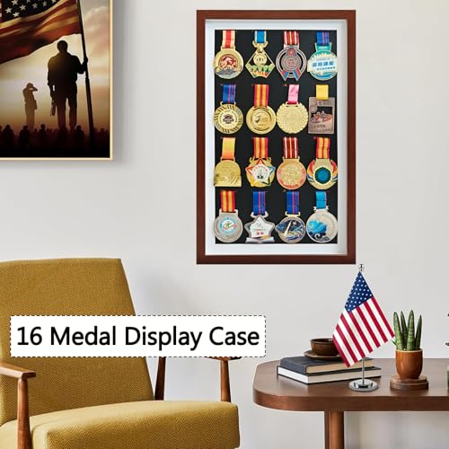 Image of Marathon Medal Display Shadow Box Holds 16 Medals | Walnut, 21.6x13.4x1.2 in, Solid Wood Frame, Wall Mount, Installs in 3 minutes, Medal Shadow Box Display Case for All Sports