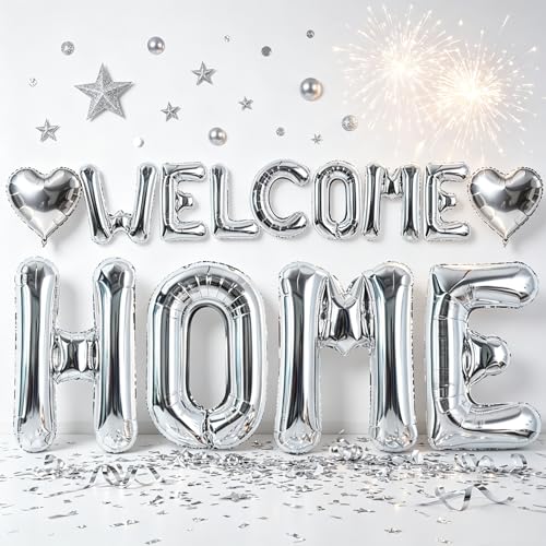 Image of TONIFUL 2 Size Silver WELCOME HOME Foil Letter Balloons Banner Decorations
