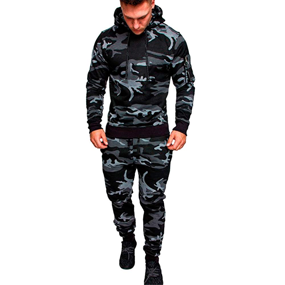Guocu Men's Dark Grey 1 Camouflage Gym Full Tracksuit Jogging Bottoms Hoodie Top Set Joggers Tracksuit Bottoms Dark Grey L